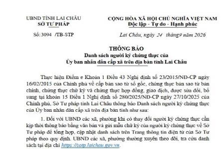 Thông báo Danh sách người ký chứng thực của Ủy ban nhân dân cấp xã trên địa bàn tỉnh Lai Châu Thông báo Danh sách người ký chứng thực của Ủy ban nhân dân cấp xã trên địa bàn tỉnh Lai Châu