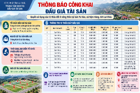 LAI CHÂU: THÔNG BÁO CÔNG KHAI VIỆC ĐẤU GIÁ QUYỀN SỬ DỤNG 12 THỬA ĐẤT TẠI XÃ NẬM HÀNG LAI CHÂU: THÔNG BÁO CÔNG KHAI VIỆC ĐẤU GIÁ QUYỀN SỬ DỤNG 12 THỬA ĐẤT TẠI XÃ NẬM HÀNG